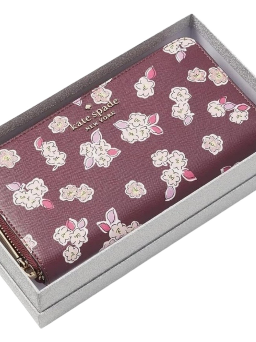 NEW Kate Spade Tinsel Deep Berry Burgundy Floral Zip-Around Wallet $239